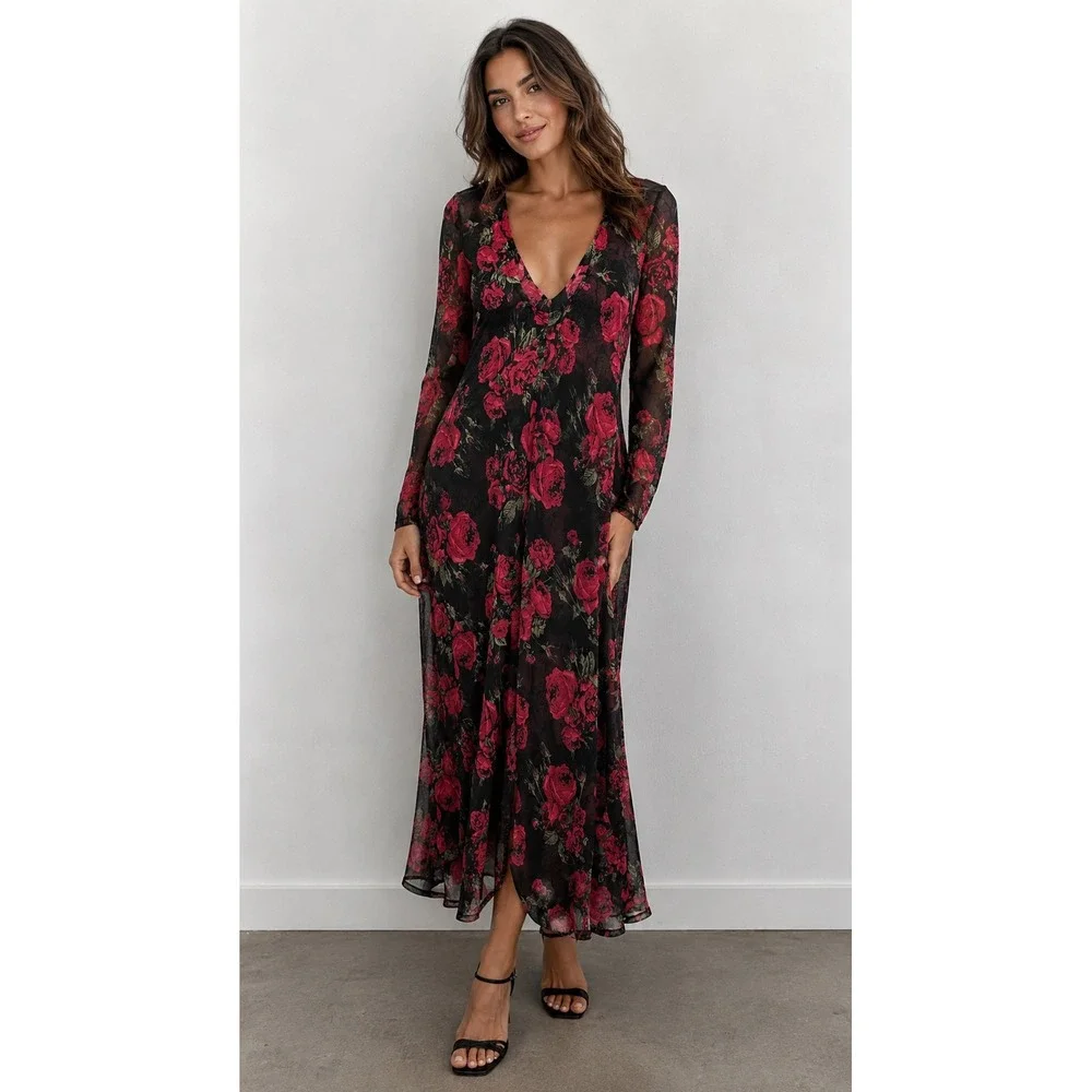 Audrey Lane Dress Womens Medium Black Red Rose Floral Sheer Mesh VNeck Maxi Long